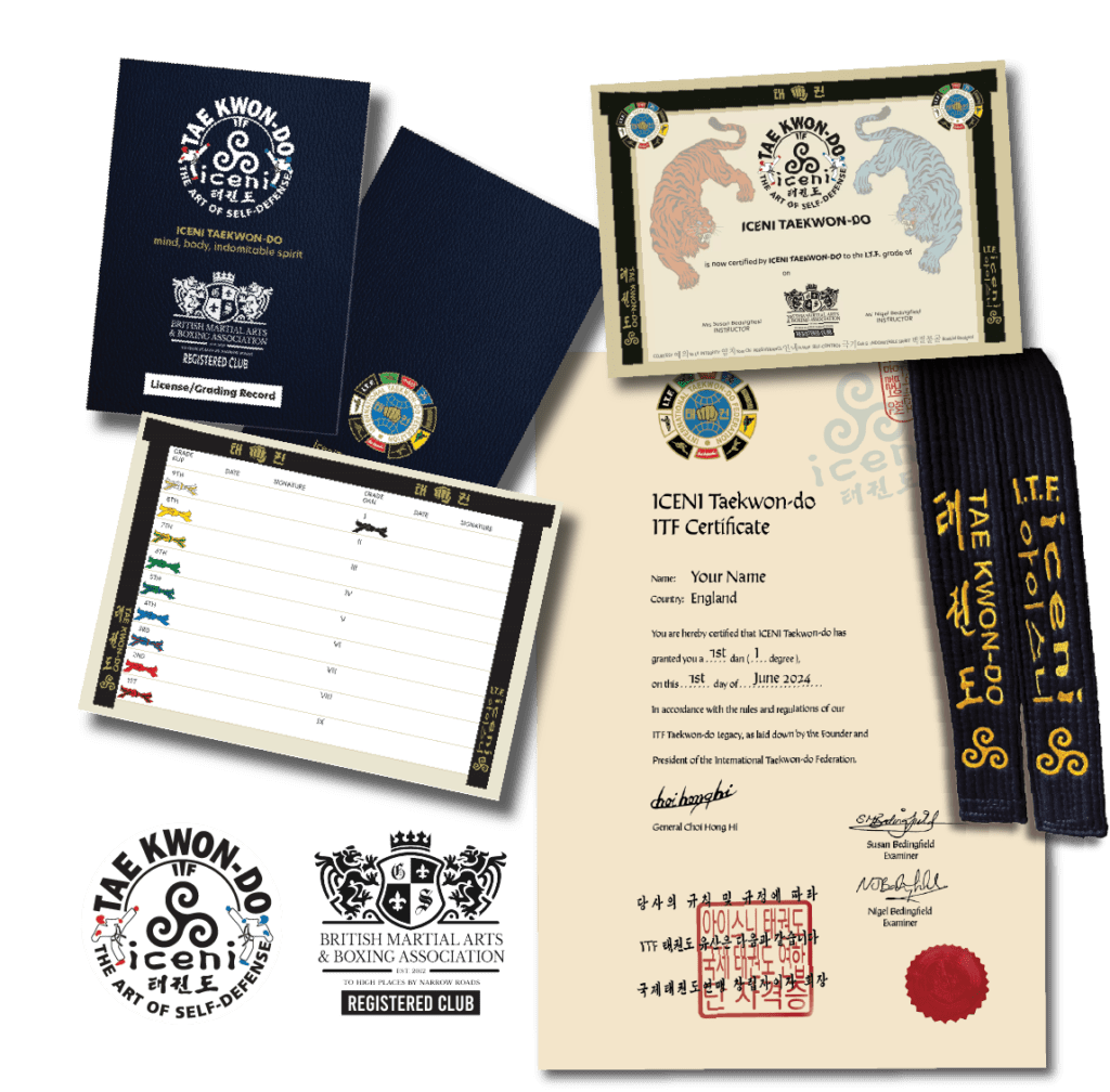 Nationally recognised ICENI Taekwon-do ITF '1st Degree Certificate’, and your own ICENI Taekwon-do ITF Black Belt!