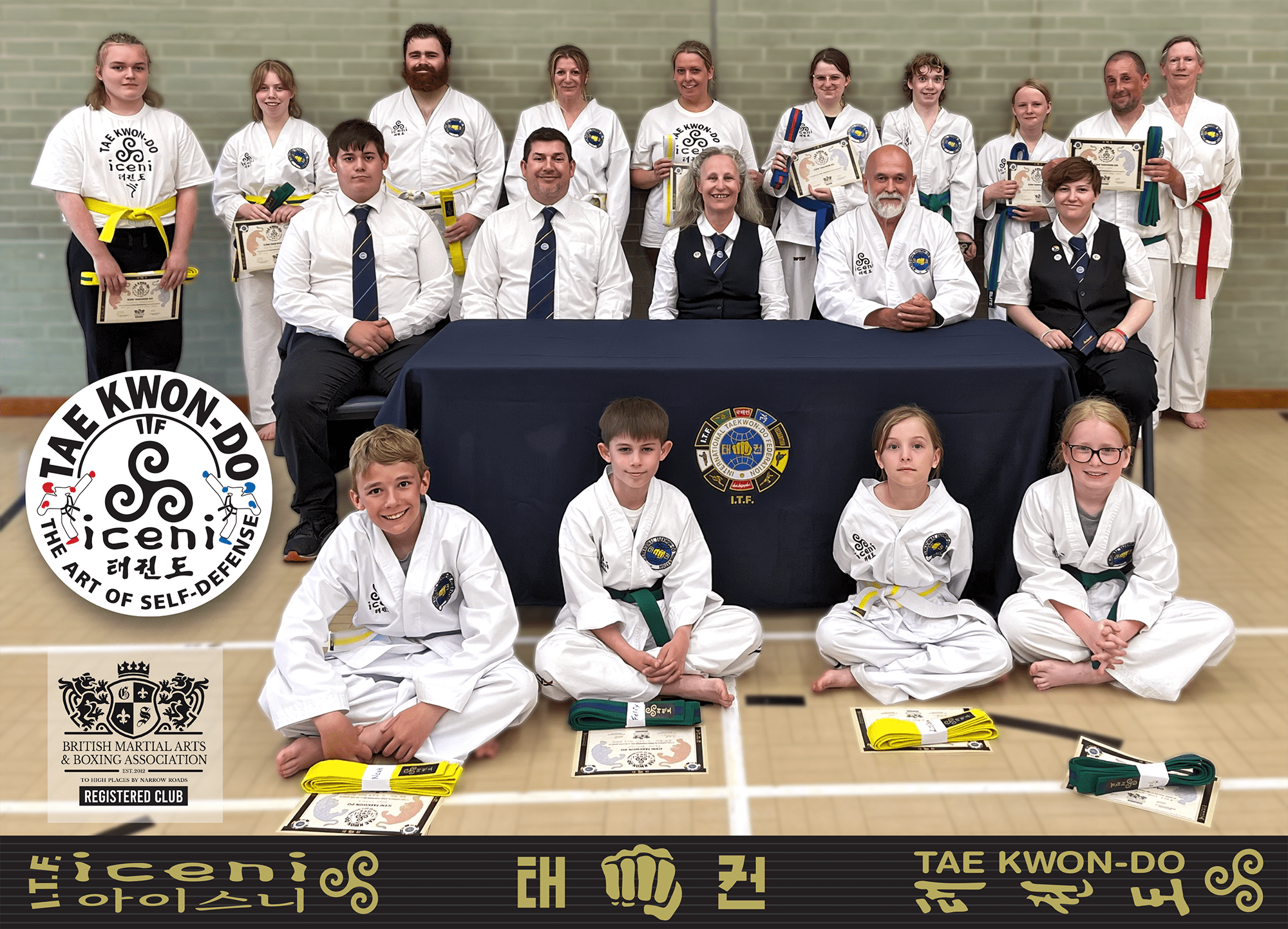 iceni taekwondo grading june 2024 The picture shows a very Happy Monday group of students, achieving 100% pass, and gaining new belts and new certificates